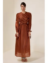 Satin Gathering Knotted Midi Dress