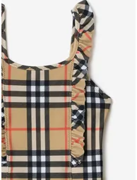 Burberry Girls Tilly Ruffle Trim Check Swimsuit in Beige - 2