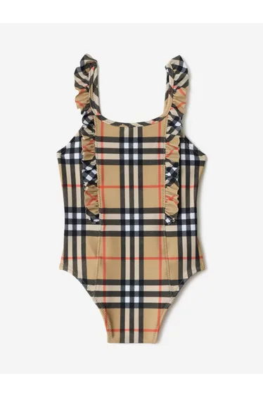 Burberry Girls Tilly Ruffle Trim Check Swimsuit in Beige