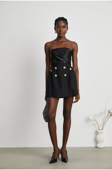 Mealla black crystal-button flared mini dress