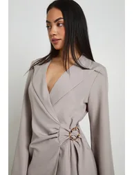 Linen Look Gold Trim Tie Side Blazer Dress - sand - 3