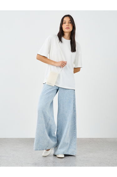 White Contrast Hem Textured Oversized T-Shirt