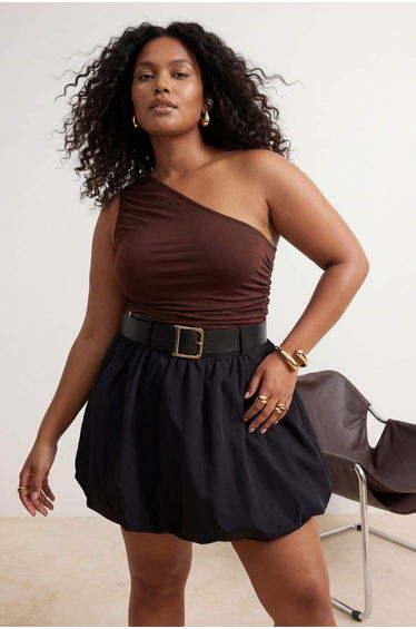 Brown Ruched Detail Fitted/Fitted One-Shoulder Stretchy Knitted Blouse