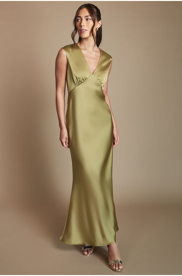 Olive Satin Open Back Detail Maxi Bridesmaid Dress