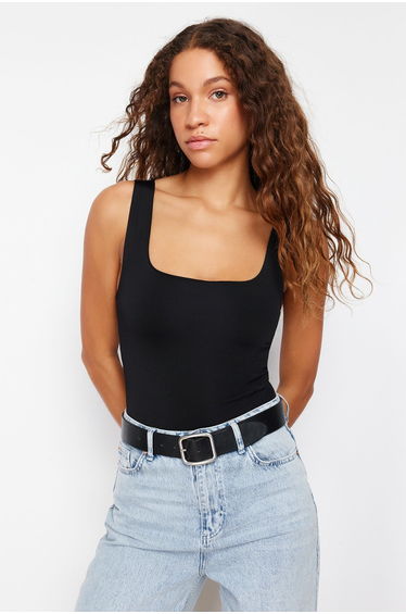 Black Fitted/Body-Sitting Back Detailed Square Collar Flexible Knitted Body with Snap Fasteners