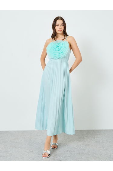 Women Turquoise Big Flower Detail Sleeveless Maxi Dress
