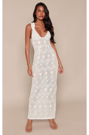 Baby Blue Flower Textured V Neck Maxi Dress