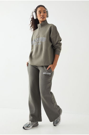 DSGN Studio Applique Oversized Half Zip Sweatshirt - khaki