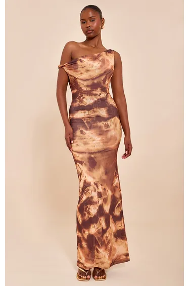 Chocolate Double Layered Chiffon Asymmetric Maxi Dress
