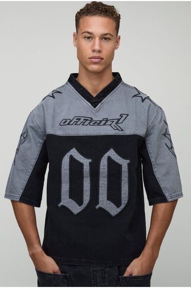 Tall Oversized Embroidery Football Denim T-Shirt - washed black
