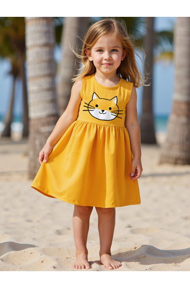 Girls Yellow Graphic Print Sleeveless Dress