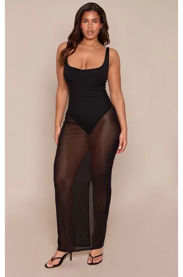 Shape Black Contrasting Bodysuit Mesh Maxi Dress
