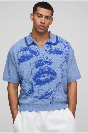 Oversized Boxy Face Jacquard Knitted Polo