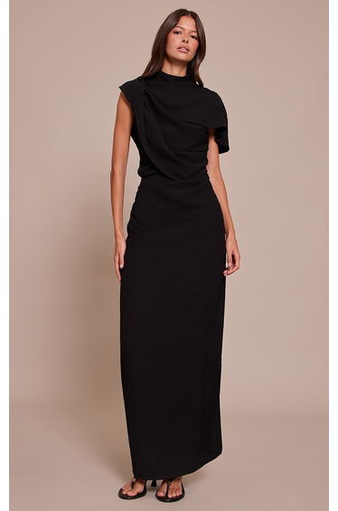 Black Textured High Neck Pleated Maxi Dress