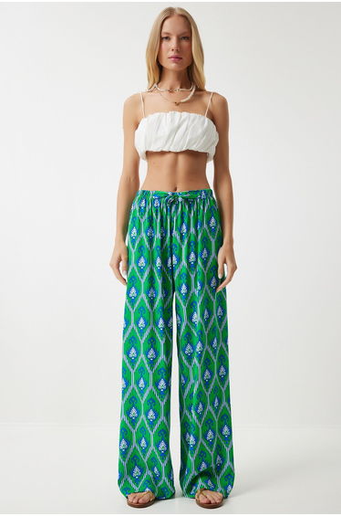 Women's Green Blue Patterned Loose Viscose Palazzo Trousers