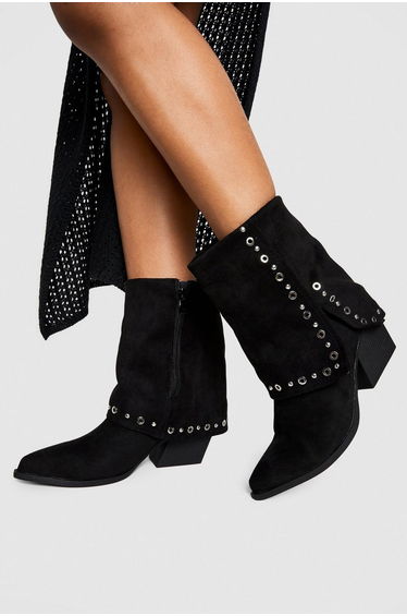 Fold Over Calf High Studded Western Boots - black