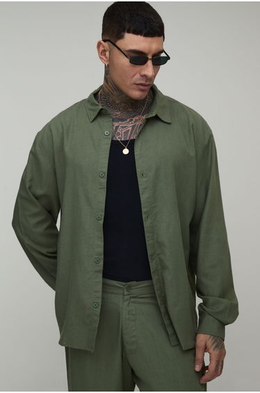 Tall Oversized Long Sleeve Linen Blend Shirt - olive