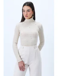 Women's Cream Turtleneck Pearl-Stitched Knitwear Sweater - 1