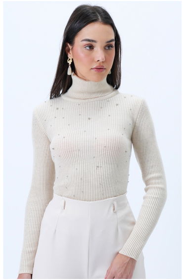 Women's Cream Turtleneck Pearl-Stitched Knitwear Sweater