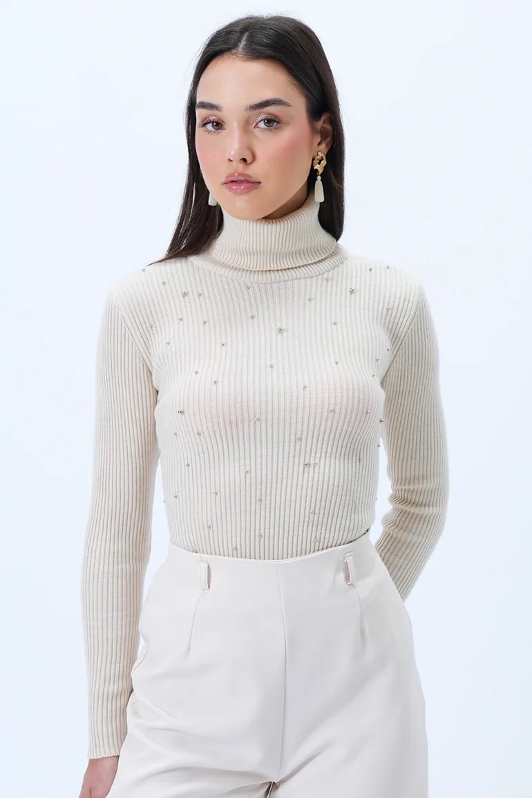Women's Cream Turtleneck Pearl-Stitched Knitwear Sweater - 4