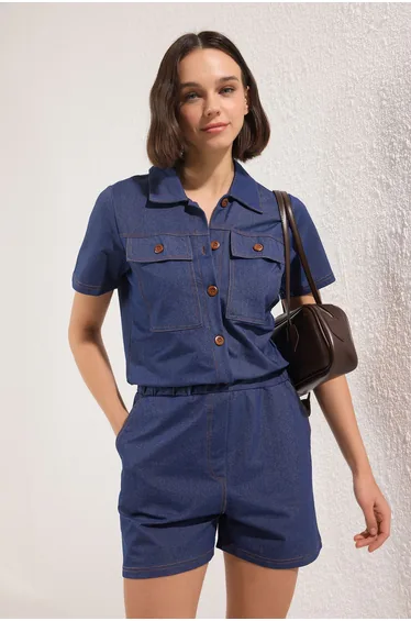 Indigo Denim Look Buttoned Short Shorts Overalls