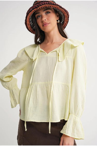 Mixray Frilly Shawl Collar Blouse with Tie Closure