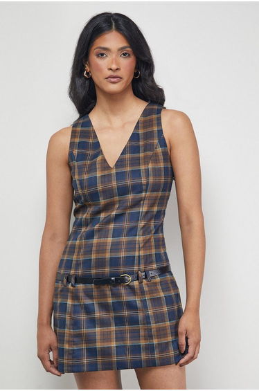 Check V Neck Belted Pinafore Mini Dress