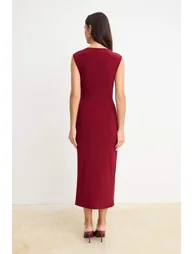 Burgundy Bodycon/Fitted Accessory Detail Moon Sleeve Boat Neck Midi Knitted Dress - 3