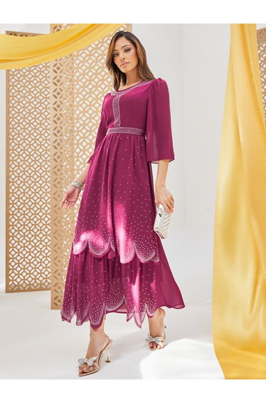 Embellished Round Neck Tiered Maxi Dress with 3/4th Sleeves