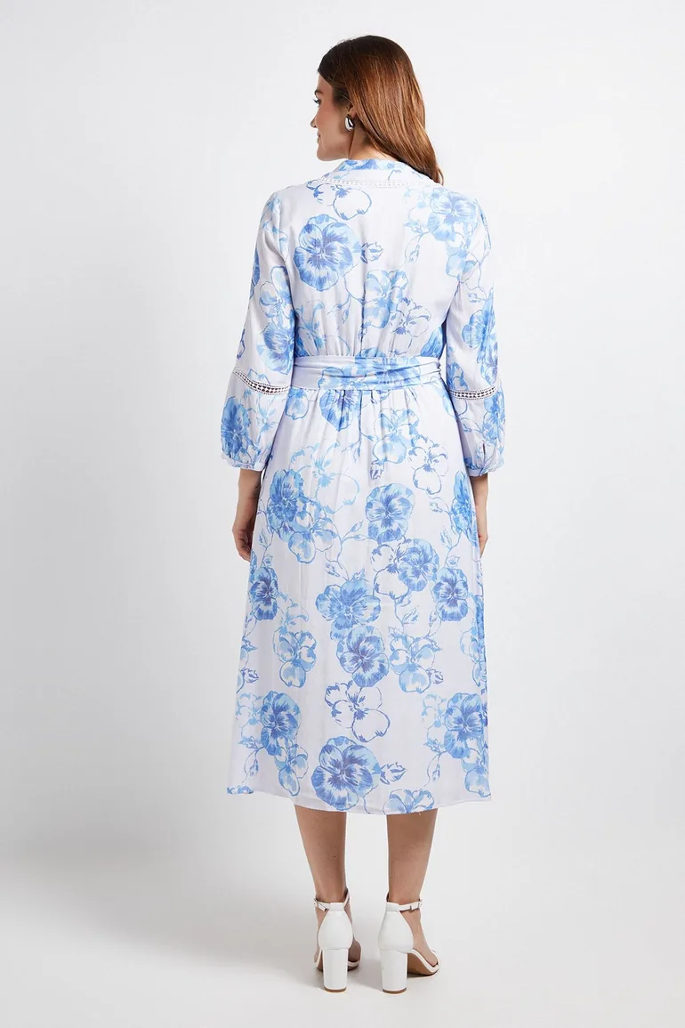 Floral Lace Insert Collarless Shirt Dress - 2