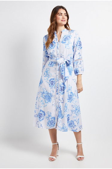 Floral Lace Insert Collarless Shirt Dress