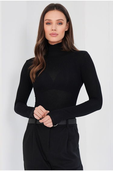 Women's Black Turtleneck Cashmere Textured See-Through Blouse