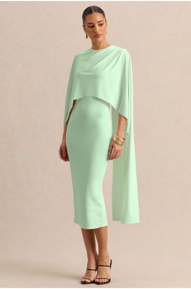 Luxalyn | Green Round-Neck Midi Dress With Cape-Detail