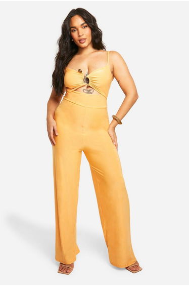 Plus Slinky Ruched Front Wide Leg Jumpsuit - yellow