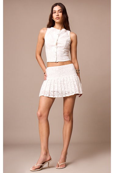 White Lace Pleated Mini Skirt