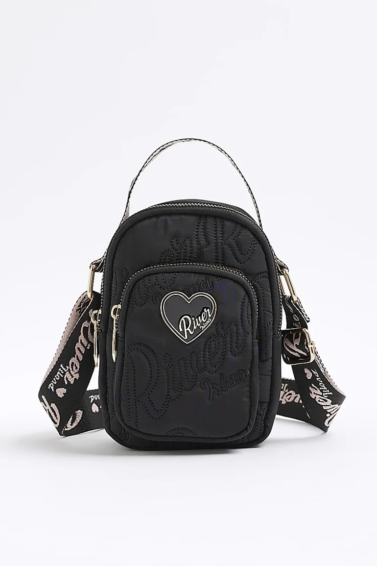 Girls Black Nylon Ri Heart Cross Body Bag
