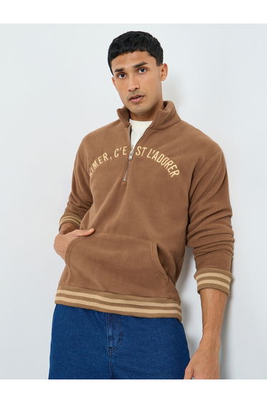 Men Brown Fleece Zip Collar Sweater