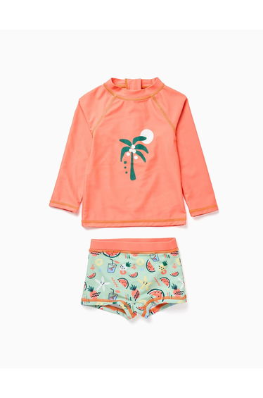 Swim Set With Uv 80 Protection And Motif For Baby Boys, Orange/Green