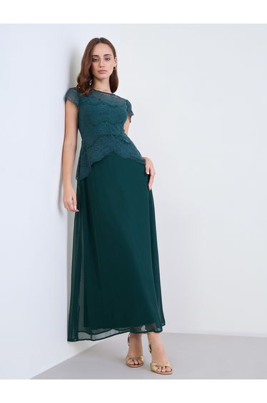Lace Short Sleeves A-Line Maxi Dress