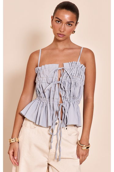 Sky Blue Textured Ruffle Detail Strappy Tie Front Cami Top
