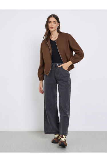Women Brown Boxy Fit Bomber Jacket