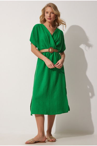 Women's Vivid Green Straw Belt Summer Ayrobin Dress