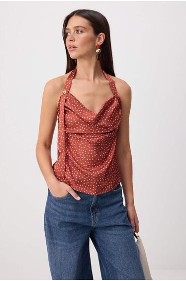 Tile Polka Dot Pattern Accessory Detail Woven Satin Blouse