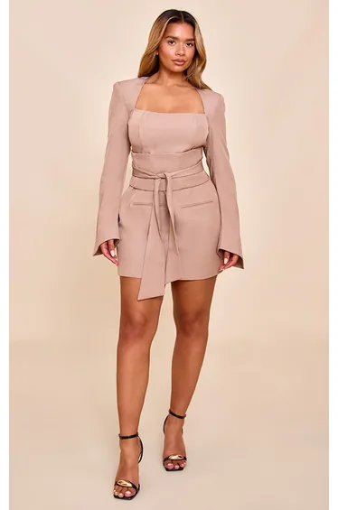 Shape Taupe Tailored Sweetheart Belted Mini Dress