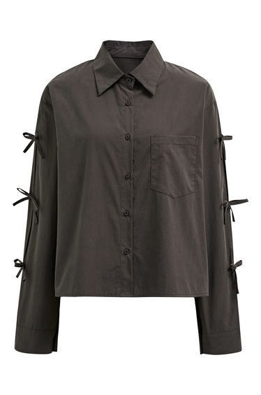 Bowknot Sleeve Patch Pocket Cotton Shirt in Smoke