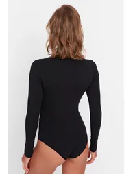 Black Cotton Turtleneck Long Sleeve Snap Snap Knitted BodySuit - 2