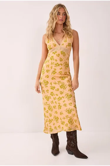 Floral Lace Insert Plunge Dress