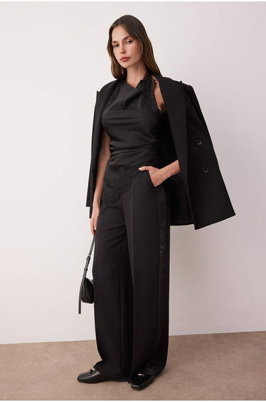 Black Wide Leg Trousers with Satin Stripe Detail on the Side