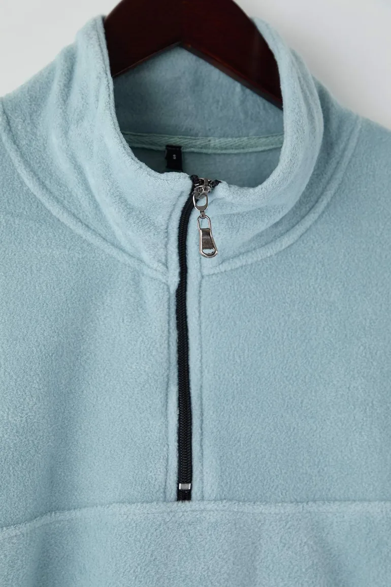 Mint Regular Cut Stand Collar Zippered Stitch Detailed Polar Fleece Sweatshirt - 1