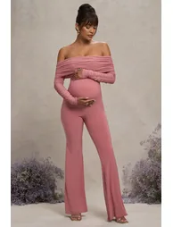 Blush Pink Maternity Ruched Mesh Bardot Jumpsuit - 4